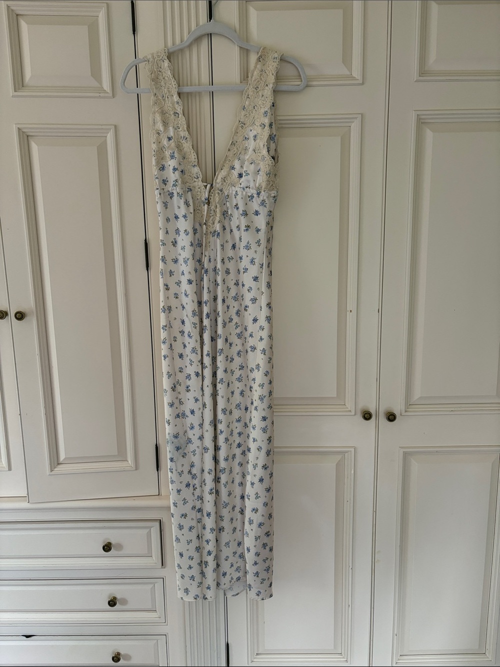 Rumored Cream Maxi Dress with Blue Floral Print and Lace Bodice